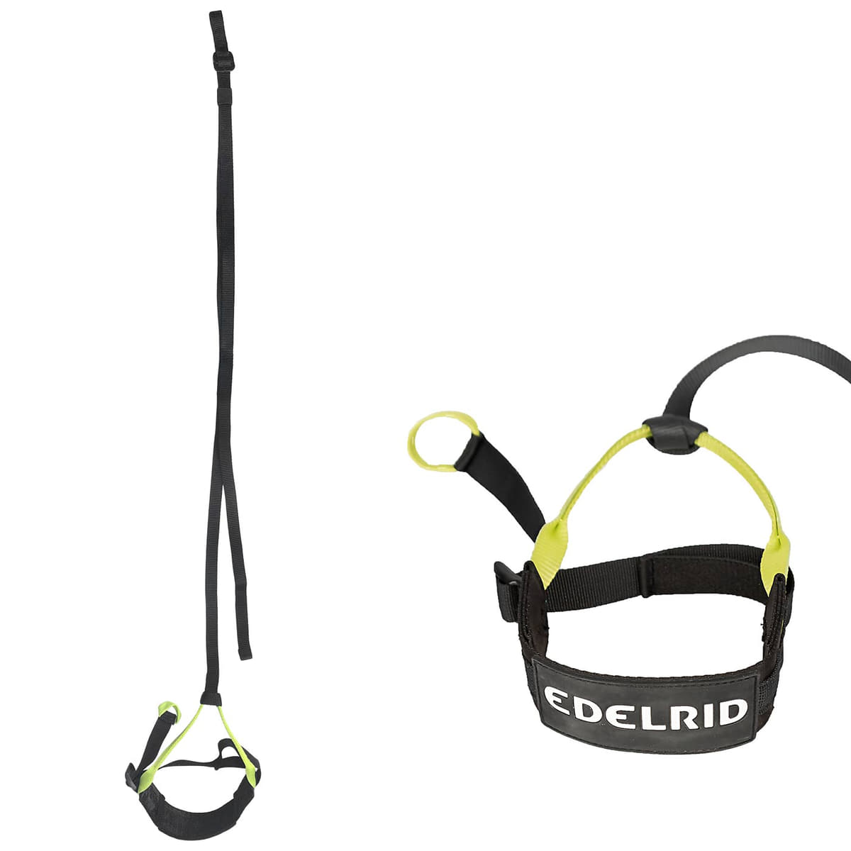 Prostep II d’Edelrid, un ensemble de via ferrata noir et jaune avec harnais et boucles, montré suspendu