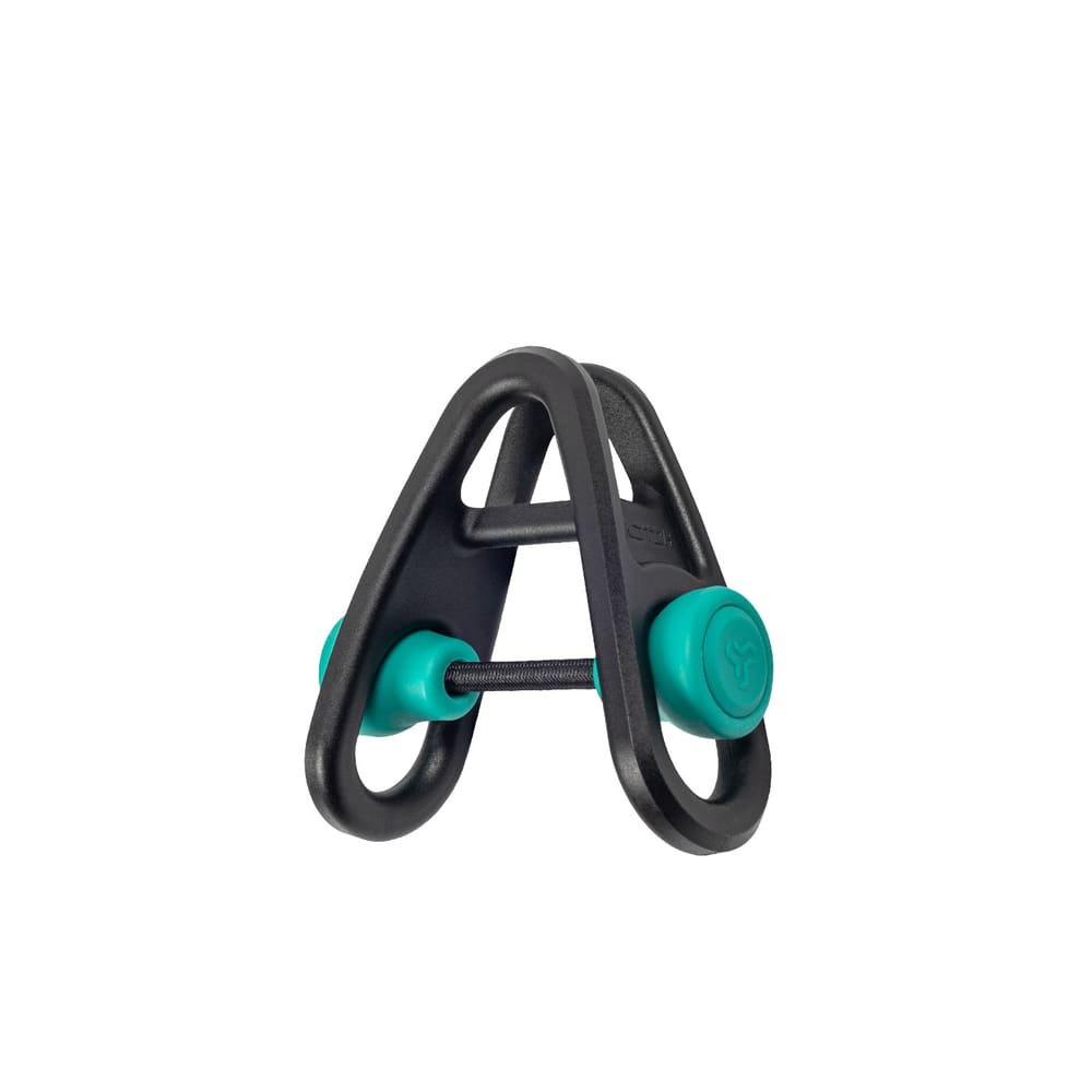 Produit Sidekick en noir avec deux boutons turquoise et un cordon noir entre les deux