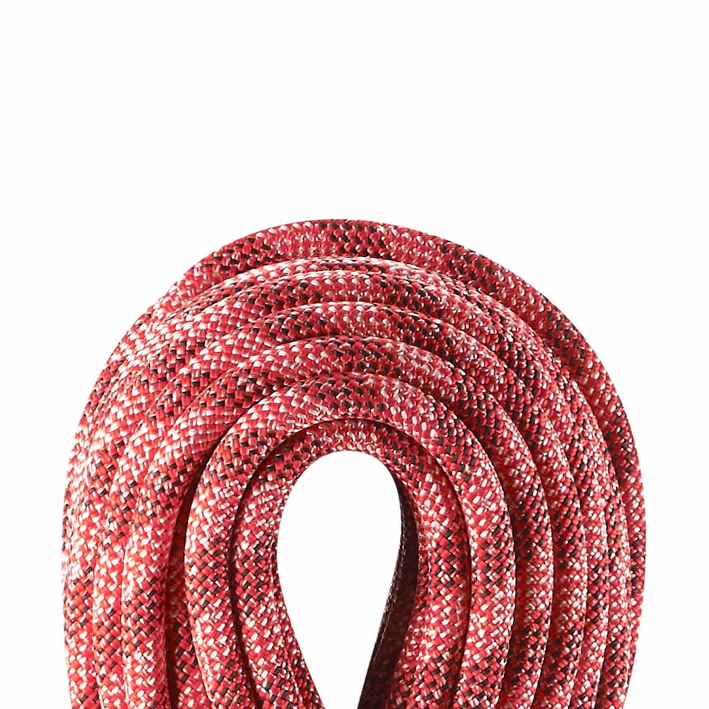 Corde d’escalade Edelrid Python en rouge et blanc avec des motifs noirs et rouges, enroulée sans emballage