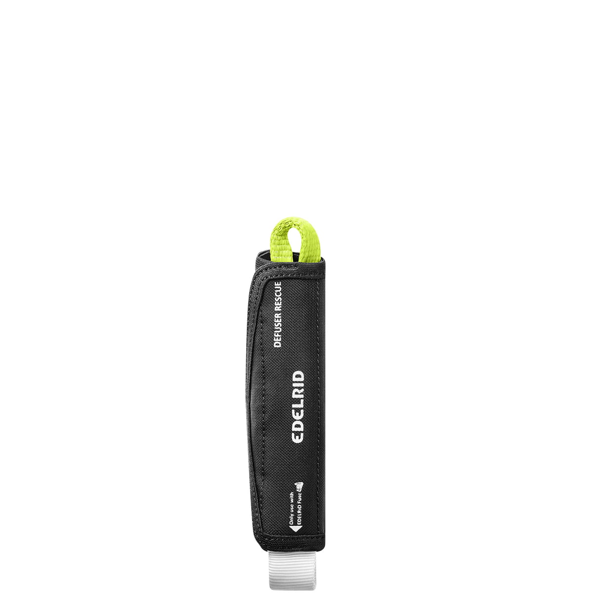 Defuser Rescue, housse de protection noire avec lettres blanches « EDELRID » et « DEFUSER RESCUE », boucle jaune-vert en haut, fabricant Edelrid