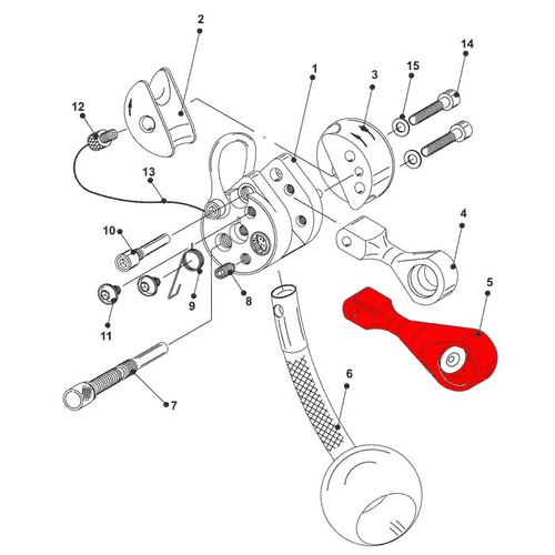 Dessin technique avec plusieurs pièces numérotées, dont la partie rouge LockJack swivel, représentée comme faisant partie d’un assemblage avec des vis et d’autres composants