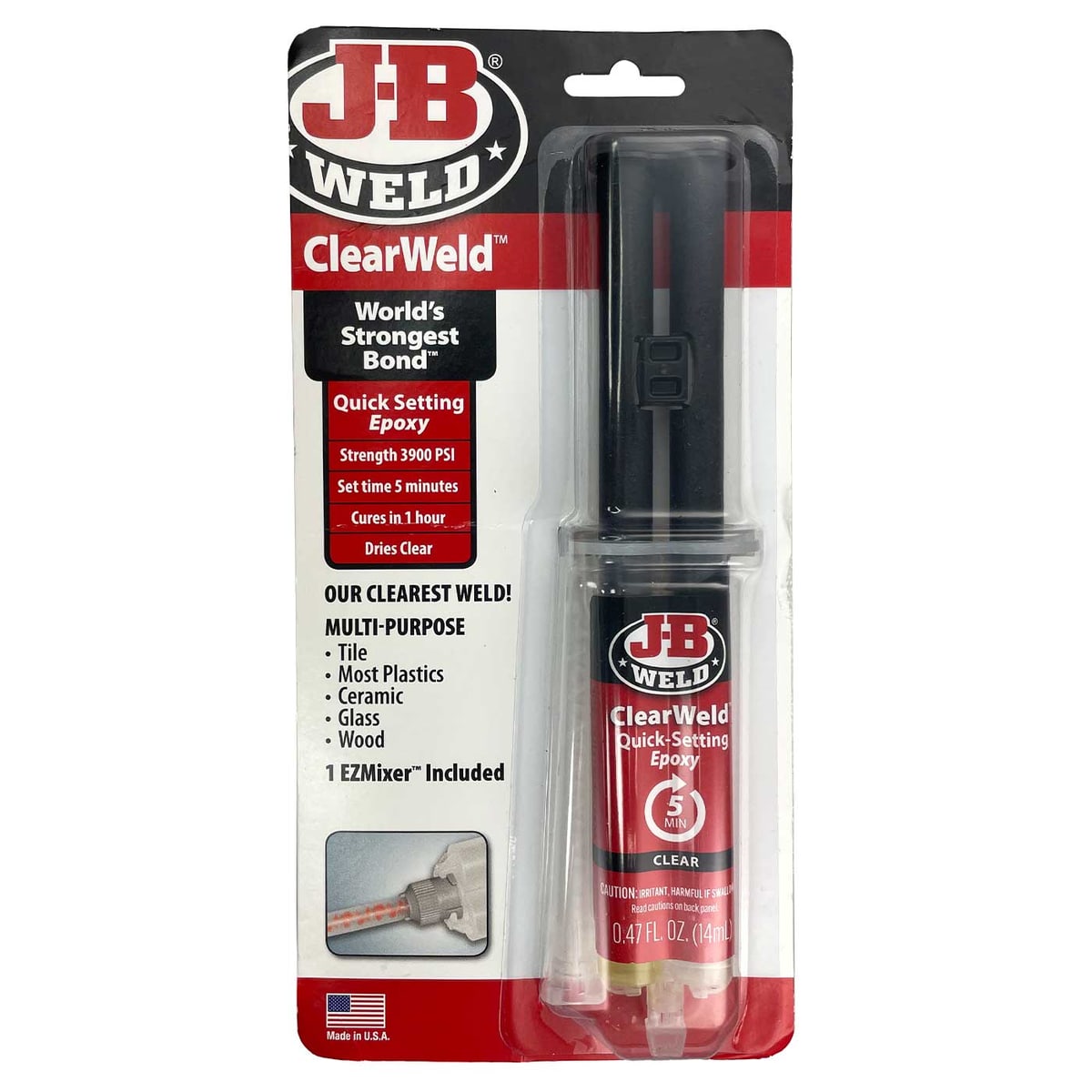 JB Weld ClearWeld Quick-Setting Epoxy dans un emballage en plastique transparent avec un design rouge et noir, un dispositif de dosage visible et l’inscription « World’s Strongest Bond » et d’autres informations sur le produit