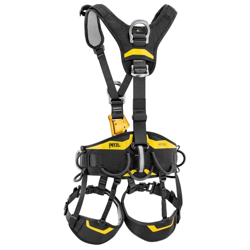 Harnais d’escalade Astro Bod Fast de Petzl en noir avec accents jaunes et tours de cuisse et de hanche rembourrés, dos vu