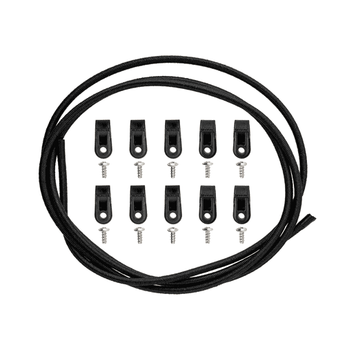 Corde noire de tendon avec dix supports noirs et dix vis sur fond blanc