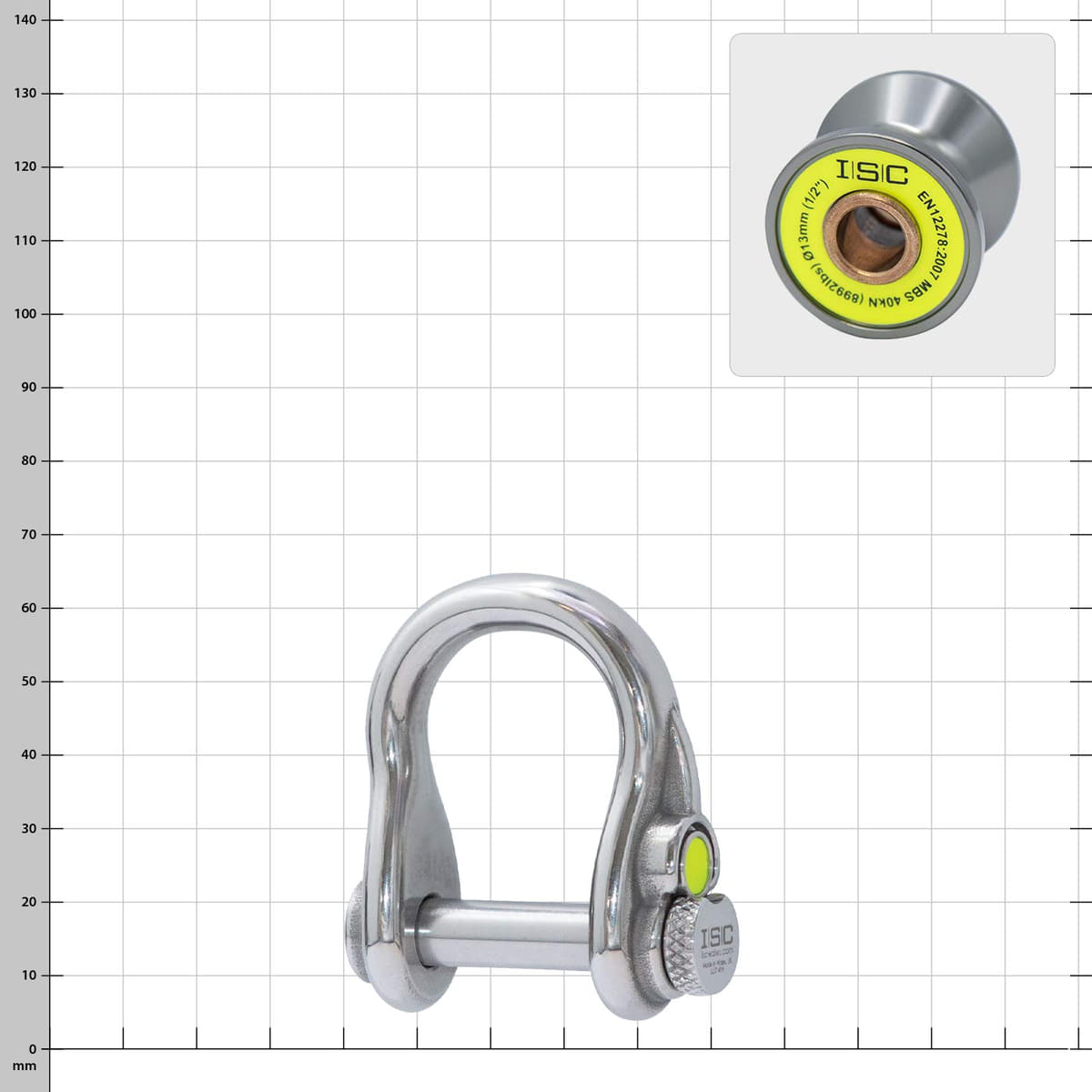 Ultra Link Small d’ISC, une manille argentée avec un boulon rond et un bouton jaune sur le fermoir