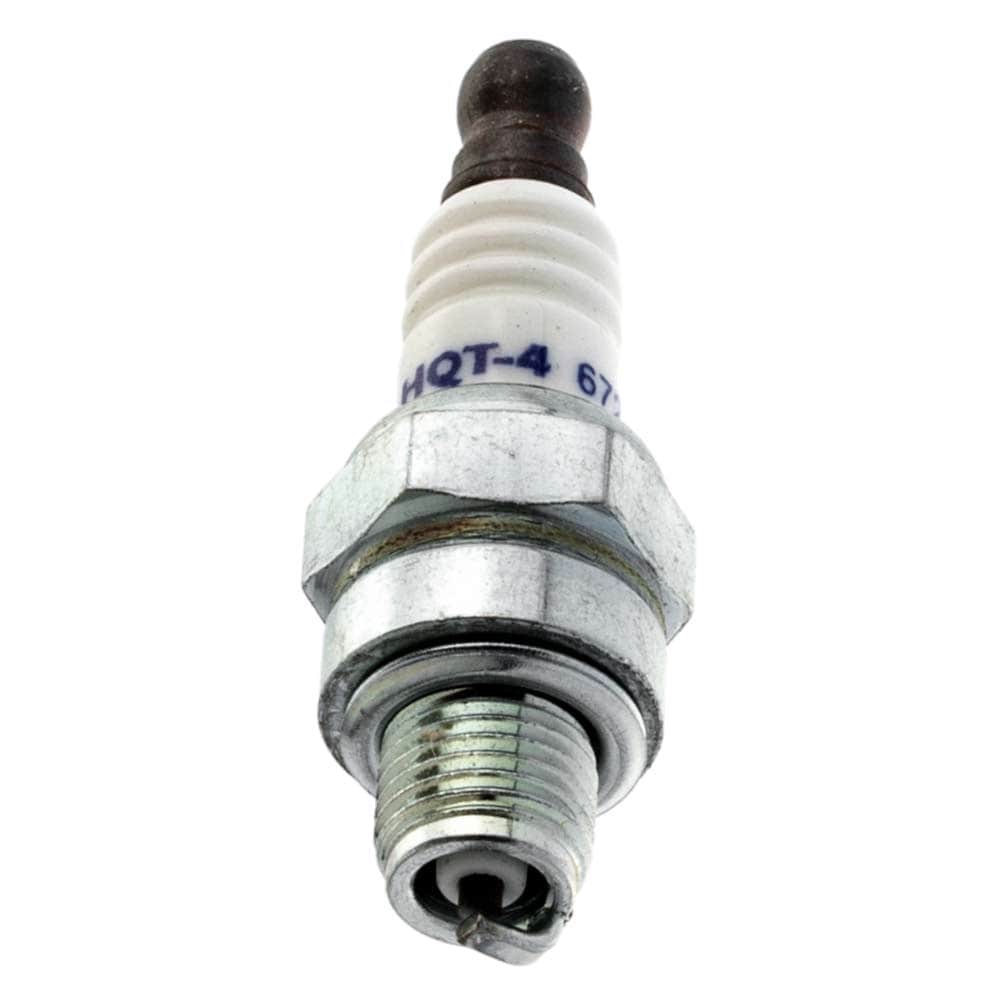 Bougie HQT-4, corps en métal argenté avec isolant en céramique blanche et capuchon noir, sur la partie en céramique se trouve HQT-4