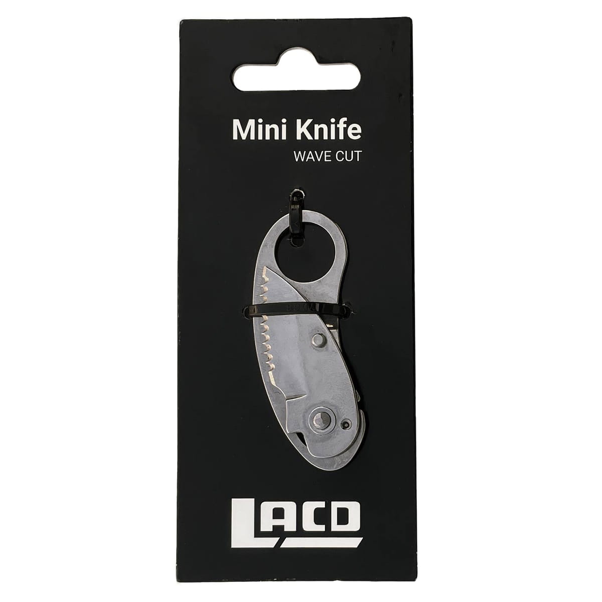 Mini couteau pliant en métal découpé en ondes sur emballage noir avec logo LACD blanc