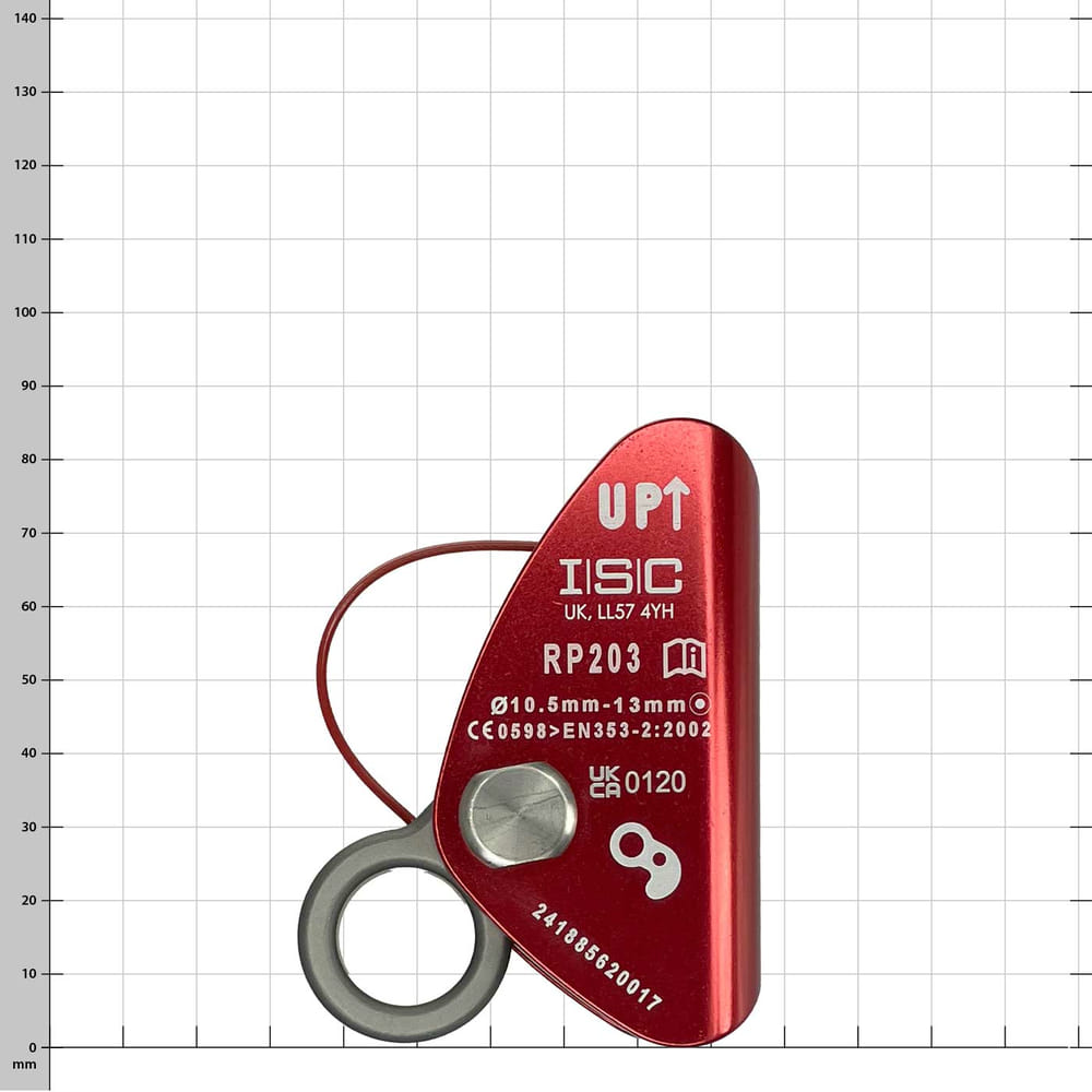 Mini pince à corde, dispositif de corde rouge avec anneau gris et imprimés, vue de face