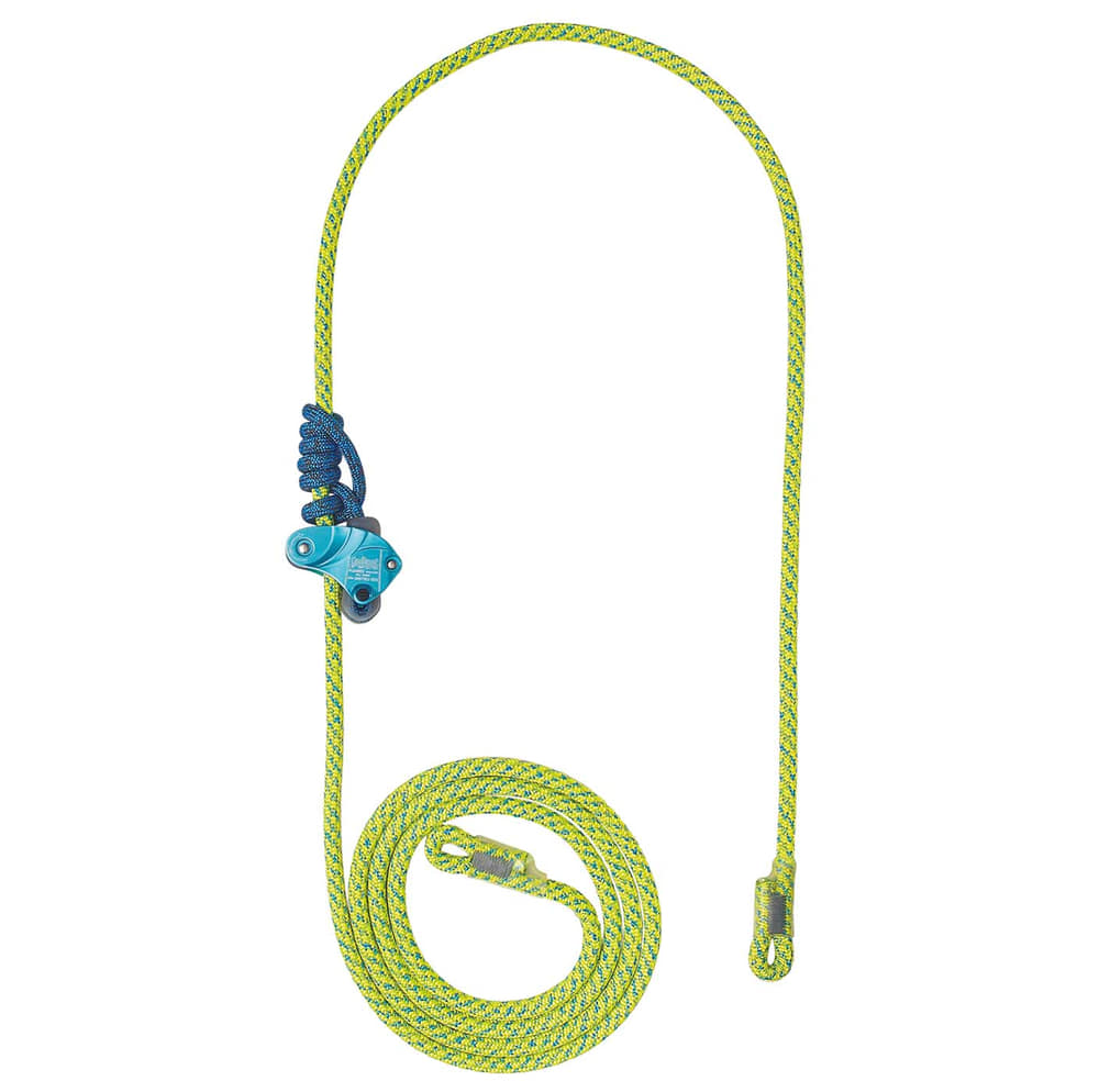 Corde Flexbee avec corde d’escalade bleue et jaune et dispositif d’assurage bleu, enroulée sur fond blanc