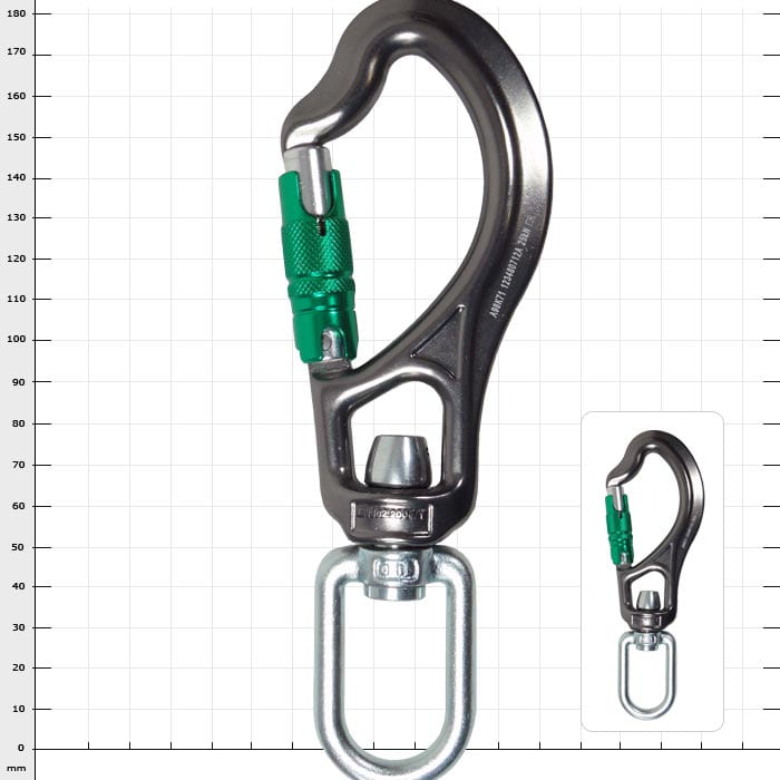 Flex Fly Sidewinder Grand mousqueton noir avec mécanisme de verrouillage vert et émerillon argenté sur fond blanc avec mesures