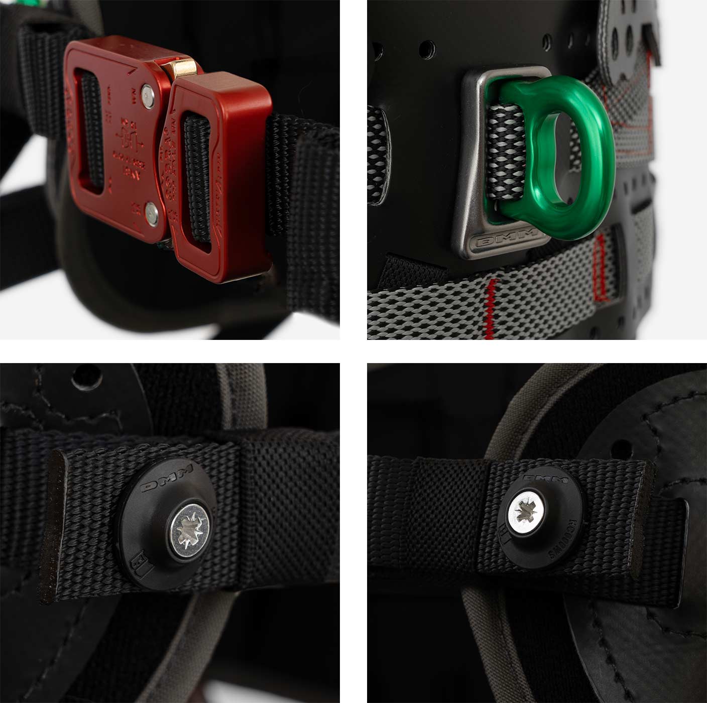Ceinture de sécurité Kinisi Max Gros plan Boucle rouge, anneau en métal vert et fixation de ceinture noire