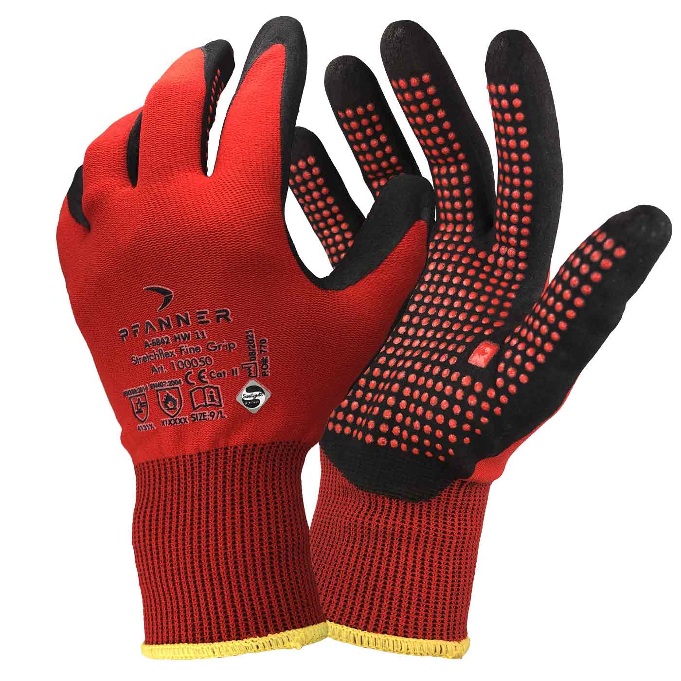 Gants de travail StretchFlex® Fine Grip de Pfanner, rouges avec paumes noires et picots rouges, avec ceinture jaune
