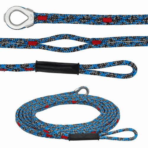 chainANCHOR corde bleu-noir avec marquages rouges et œillet métallique, disposé à plat avec boucles et protection en caoutchouc