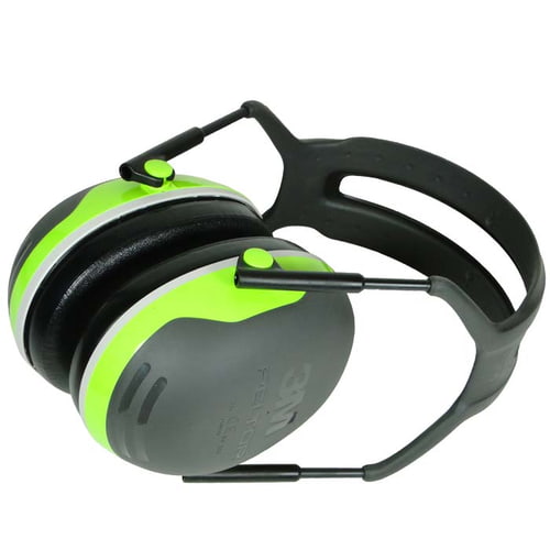 Protection auditive X4 avec bandeau, vue latérale avec bandeau noir, oreillettes grises et vert fluo, fabricant 3M Peltor