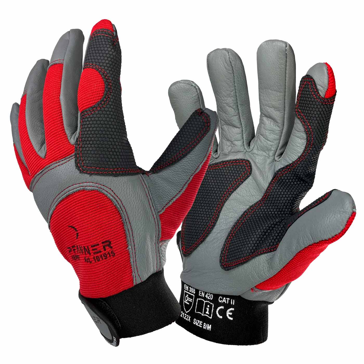 Gants de travail StretchFlex® Kepro en gris, rouge et noir avec manchette noire et fermeture velcro, fabricant Pfanner, vue latérale avec logo du fabricant visible et certifications sur la manchette