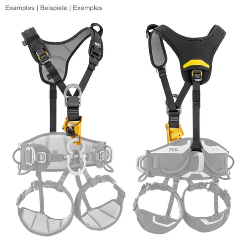 Top Croll by Petzl, vue avant et arrière du harnais bloqueur de poitrine noir avec tissu en maille grise et bloqueur jaune, avec des silhouettes de harnais semi-transparent gris en arrière-plan