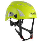 Casque KASK Super Plasma PL Hi-Viz en jaune vif avec sangles de fixation noires et éléments argentés réfléchissants