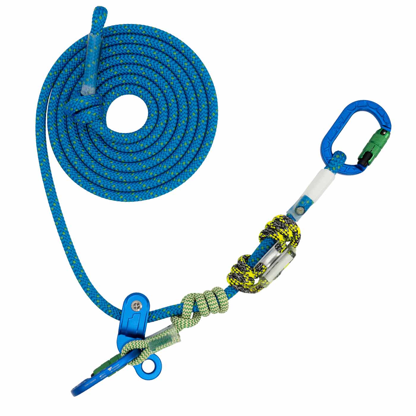 corde bleue hipSTAR Glide 11.5 enroulée avec deux mousquetons bleus et œillet métallique, enveloppée d’une corde vert-jaune