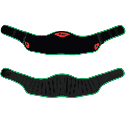 Rembourrage treeMOTION Ultra Comfort, deux coussinets noirs avec bord vert, l’un avec une surface lisse et le logo Teutoburger rouge, l’autre avec une surface rembourrée et le logo Teutoburger rouge
