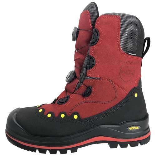 Chaussure BOA® anti-coupure vue latérale en rouge et noir avec pois jaunes, semelle noire avec bande rouge et deux fermetures torsadées noires