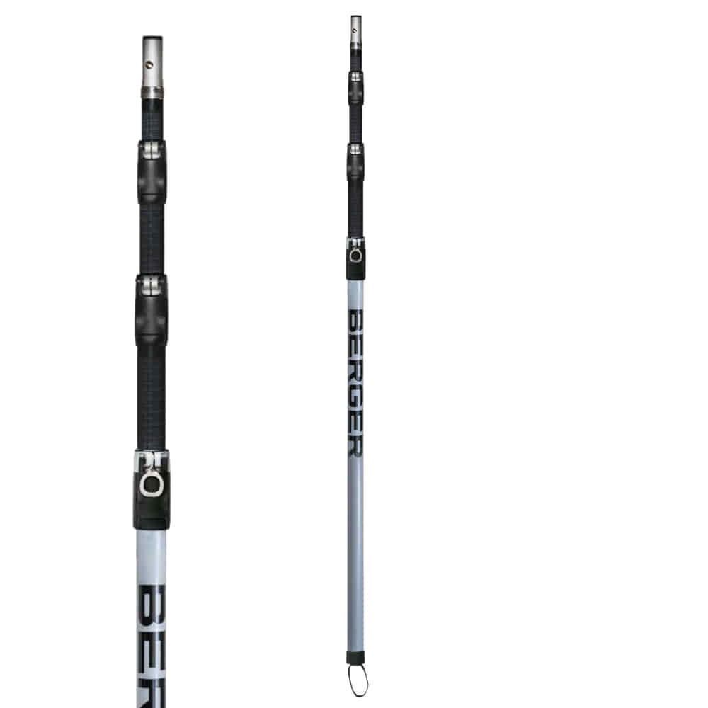 Deux vues de l’ArboRapid Ultra Light Climber 270, un bâton d’escalade argenté avec des poignées et des boucles noires, sur fond blanc