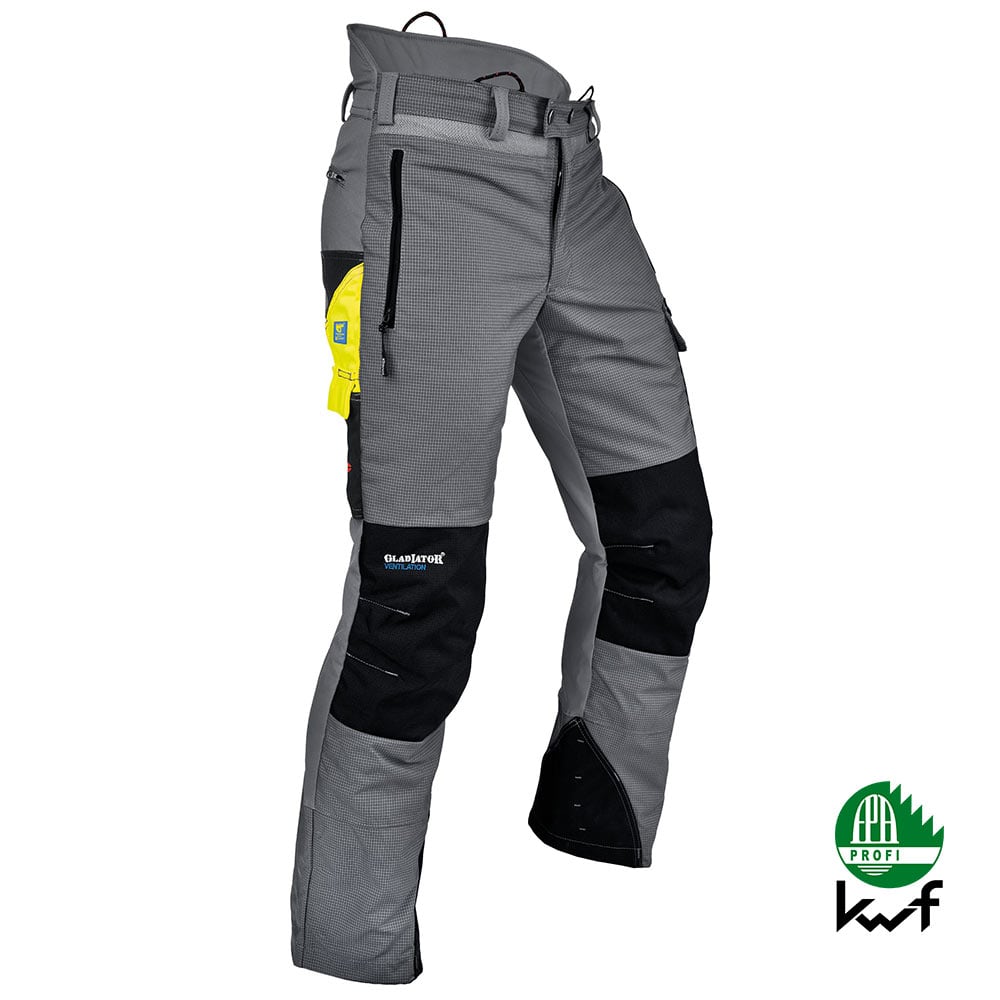 Pantalon anti-coupure en gris avec détails noirs et jaunes, poches latérales zippées et passants à la taille