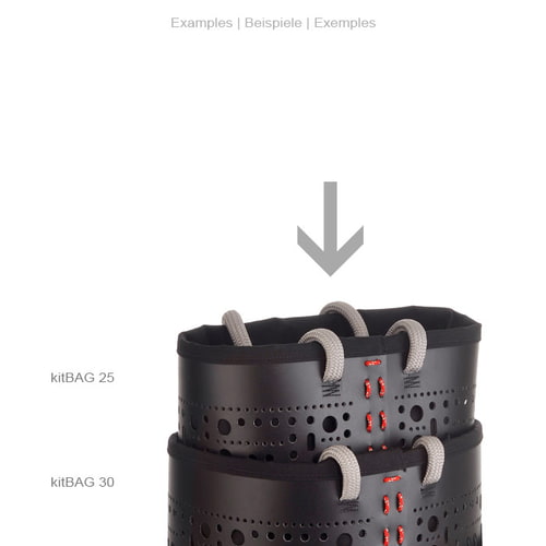 deux sacs noirs empilés l’un sur l’autre, kitBAG 25 en haut, kitBAG 30 en bas, chacun avec des poignées grises et des coutures rouges, fabricant Petzl