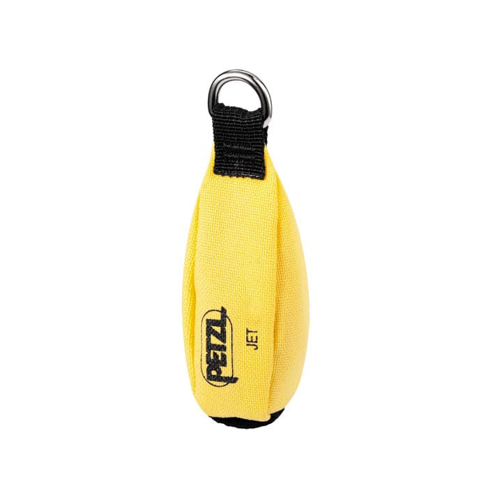 Sac à magnésie Petzl Jet jaune avec ruban noir et anneau en métal, modèle Jet