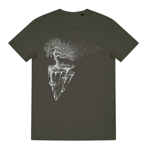 T-shirt islandais vert olive avec imprimé blanc d’un arbre sur une île rocheuse flottante