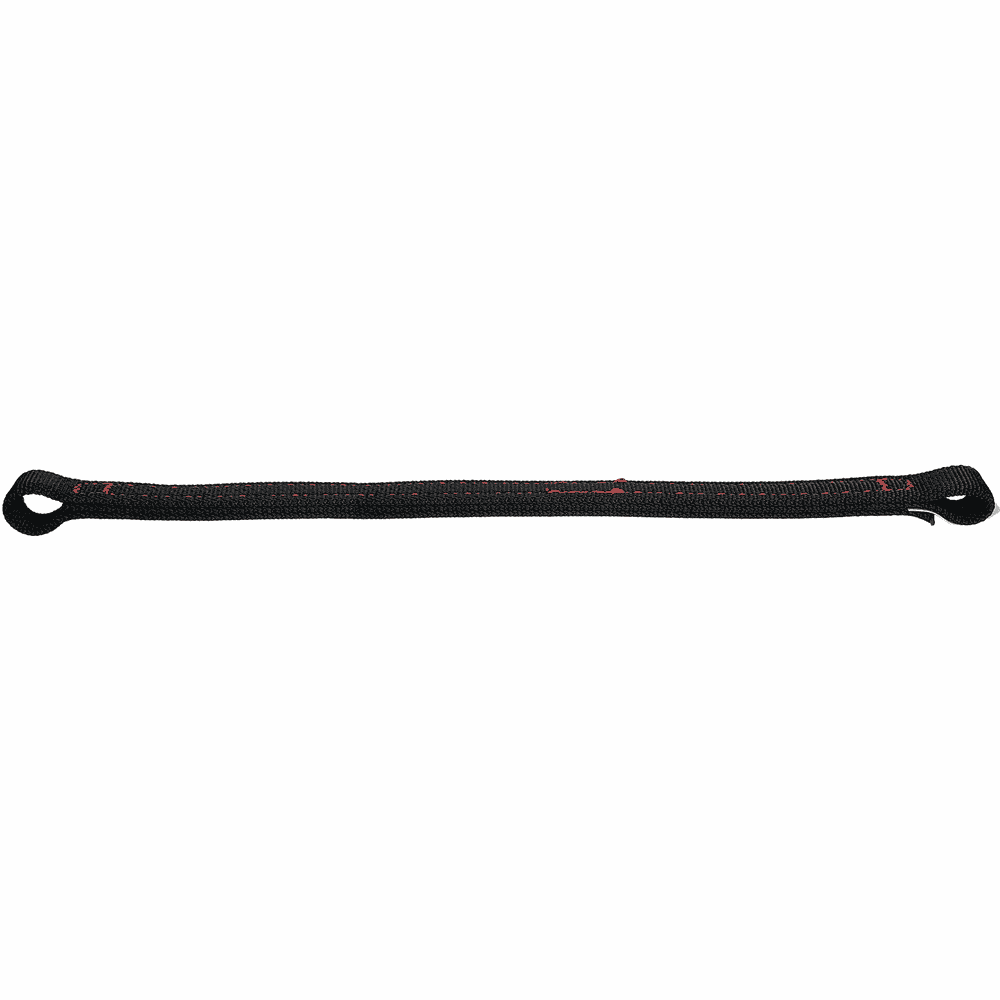 Ruban central TreeAustria Pro, ruban textile noir très long avec des boucles aux deux extrémités, nom du fabricant visible en lettres rouges sur le ruban