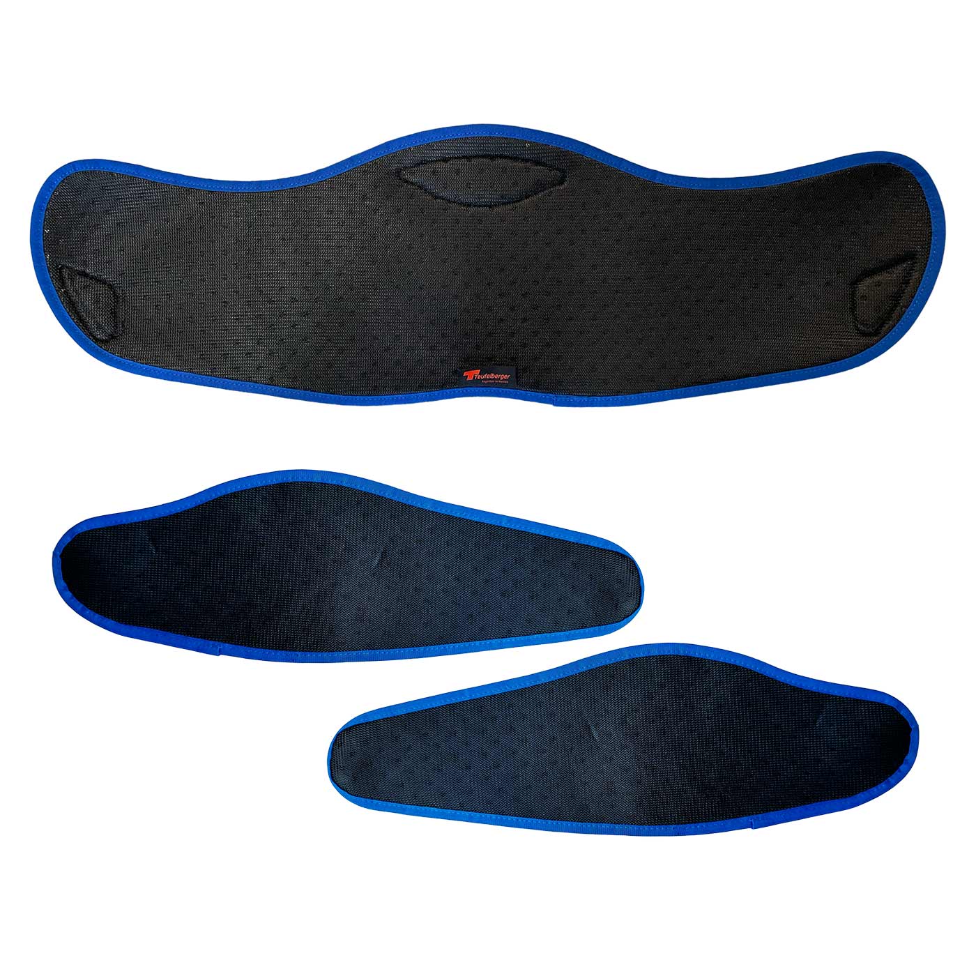 treeMOTION Breatheable Pad Set de Treeleberger, trois coussinets noirs avec bordure bleue, un grand et deux plus petits