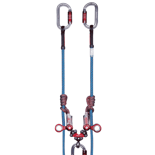 Longe gyroscopique Double, deux cordes d’escalade bleues et rouges avec rouleaux métalliques rouges, housse de protection noire et mousquetons gris avec fermeture rouge