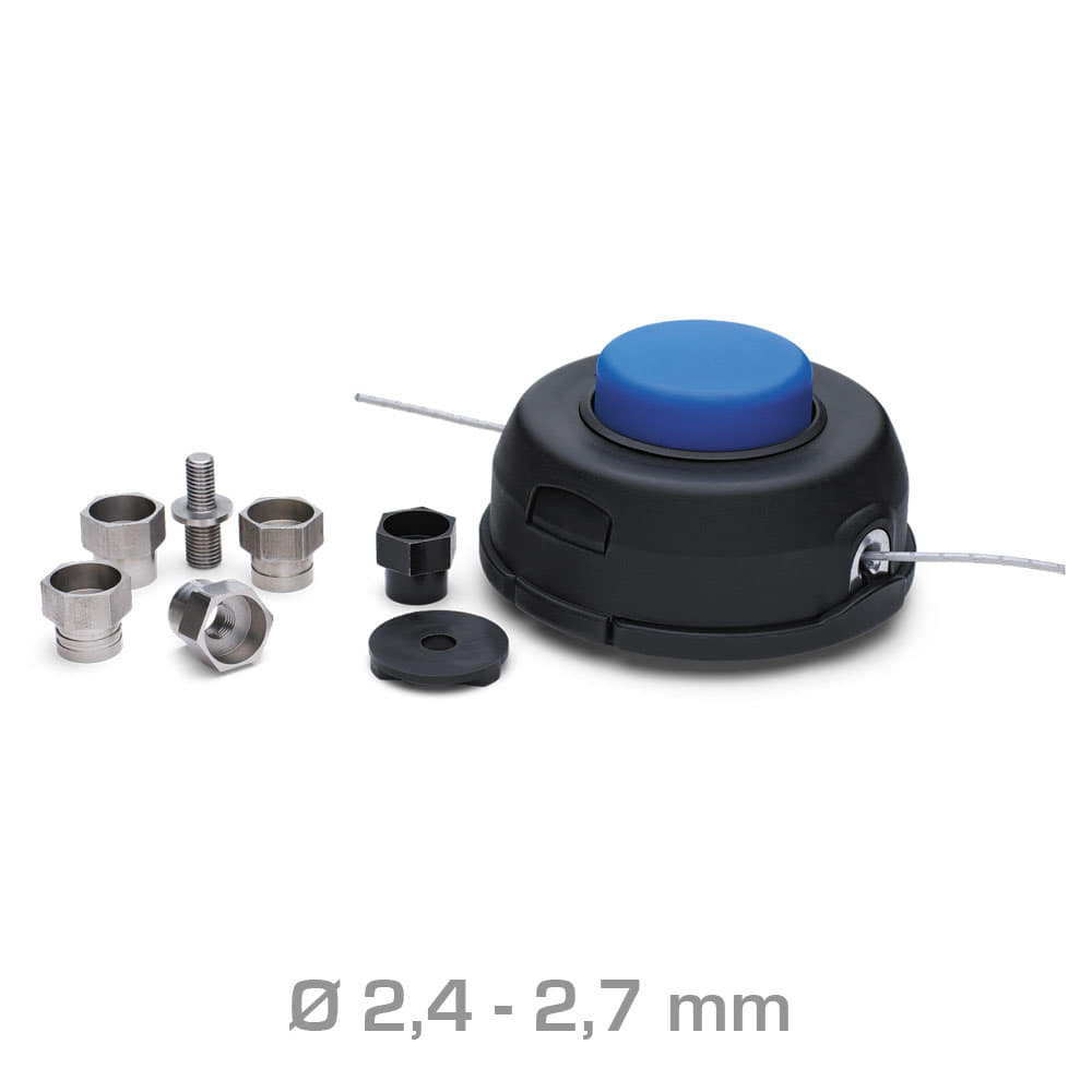 Canette T35 Universal Line avec boîtier noir et bouton bleu, plus sept pièces différentes en métal et en plastique de différentes formes et tailles, filetage Ø 2,4 - 2,7 mm