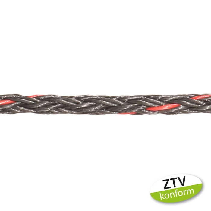 corde creuse boa 2 t, gros plan d’une corde noire tressée à fibres rouges, en bas à droite une étiquette verte et blanche avec l’inscription « ZTV compliant »