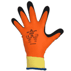 Gant de travail Showa 406 en orange avec revêtement noir sur les doigts et poignet jaune, dos visible avec imprimé