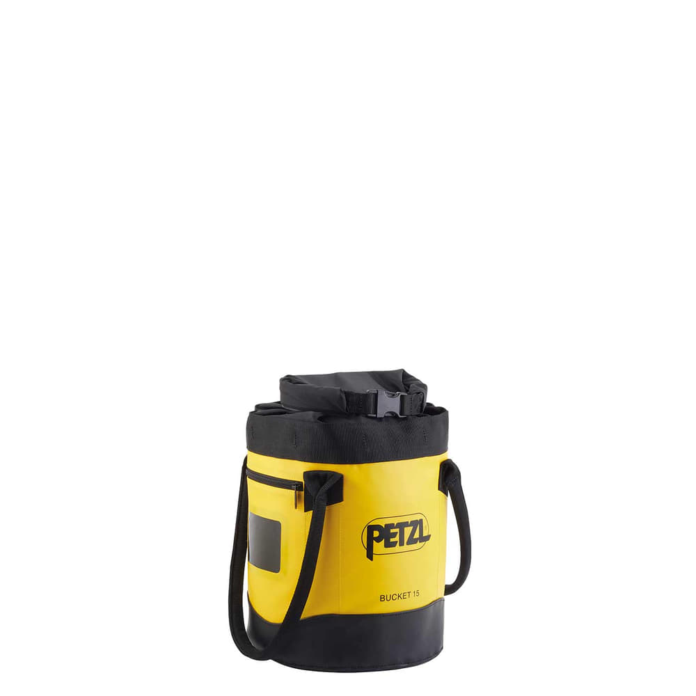 Sac à corde Petzl Bucket 15 jaune et noir avec poignées et poche zippée, vue de face