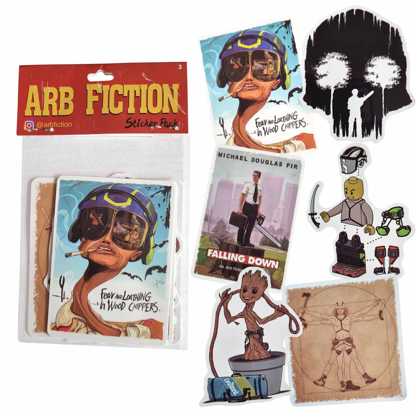 Pack d’autocollants ARB Fiction Pack Vol. 3 avec une page de couverture rouge et plusieurs autocollants colorés en dessous, y compris un autocollant avec un homme portant un casque et une cigarette et l’inscription « Fear and Loathing In Wood Chippers »