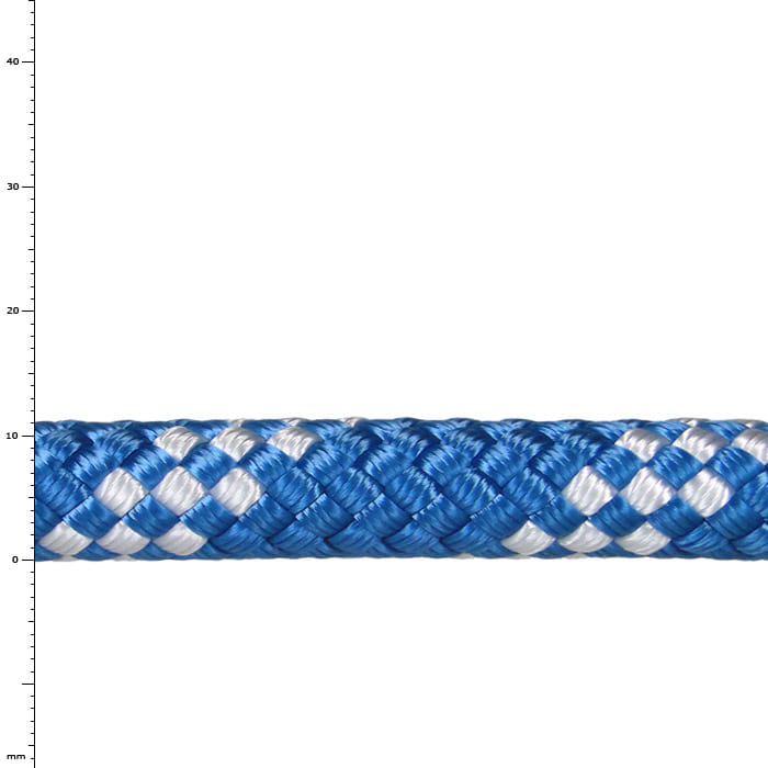 Corde GeoStatic 11.0 en bleu et blanc, étroitement tressée, avec structure et échelle visibles en arrière-plan
