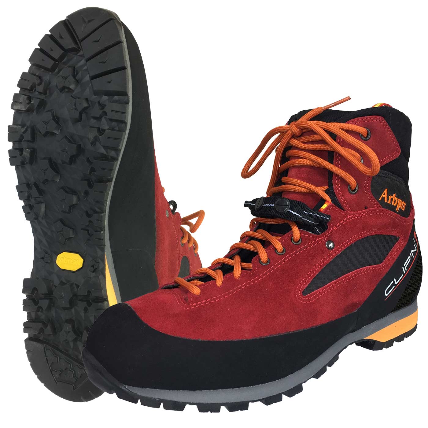 Chaussure de randonnée ClipnStep EZloop rouge et noir avec lacets orange, semelle crantée avec logo Vibram jaune visible