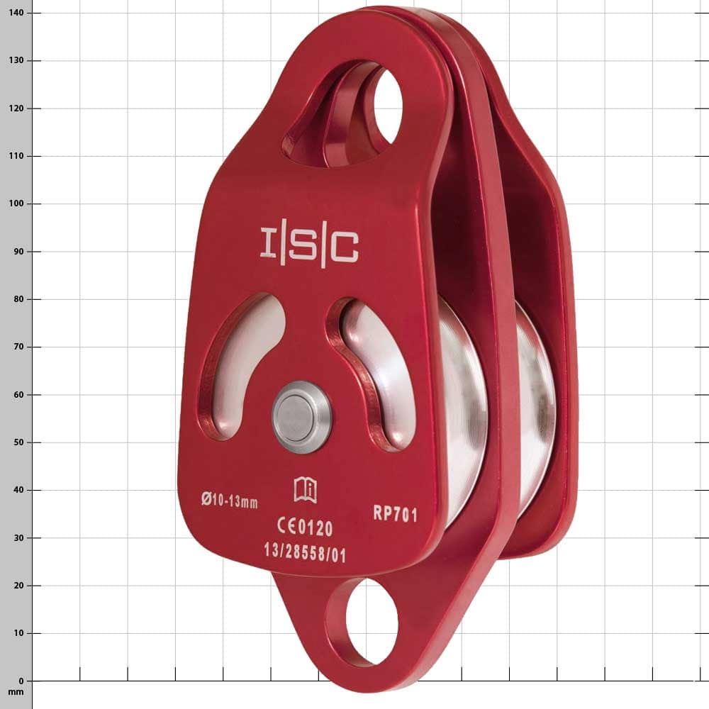 Poulie de sauvetage double, poulie à câble rouge à deux roues, fabricant ISC, type RP701, avec inscriptions et spécifications techniques