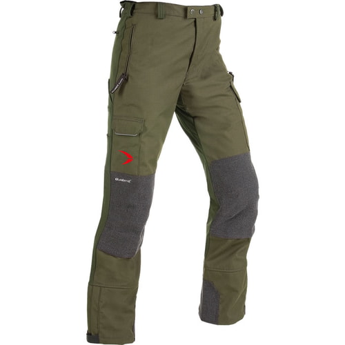 Pantalon vert Gladiator Outdoor avec renforts gris aux genoux et aux jambes, plusieurs poches et logo rouge