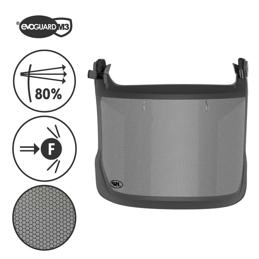 Evoguard M3 Visière forestière avec cadre gris et maille noire, à côté des symboles et du logo