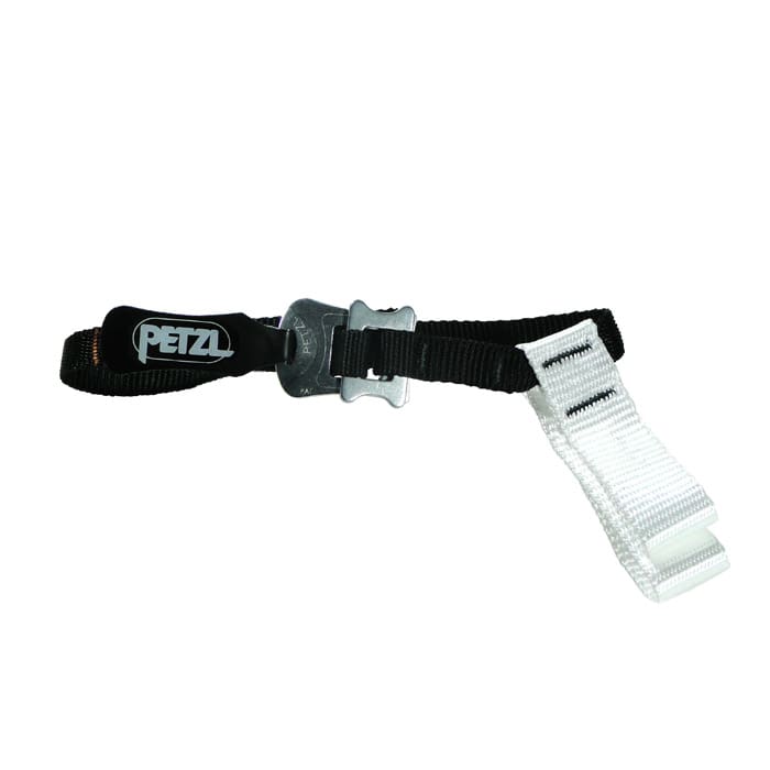 Pantin Strap L de Petzl, un bracelet noir et blanc avec fermeture en métal et logo PETZL sur la partie noire