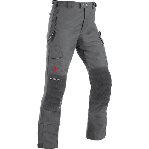 Pantalon Gladiator Outdoor gris avec renforts noirs aux genoux et aux jambes, plusieurs poches et logo rouge