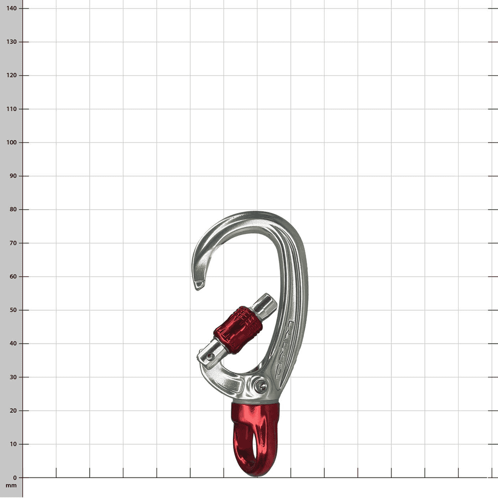 XSRE Swivel Lock mousqueton en argent avec verrou tournant rouge et émerillon rouge ouvert, sur un fond à carreaux