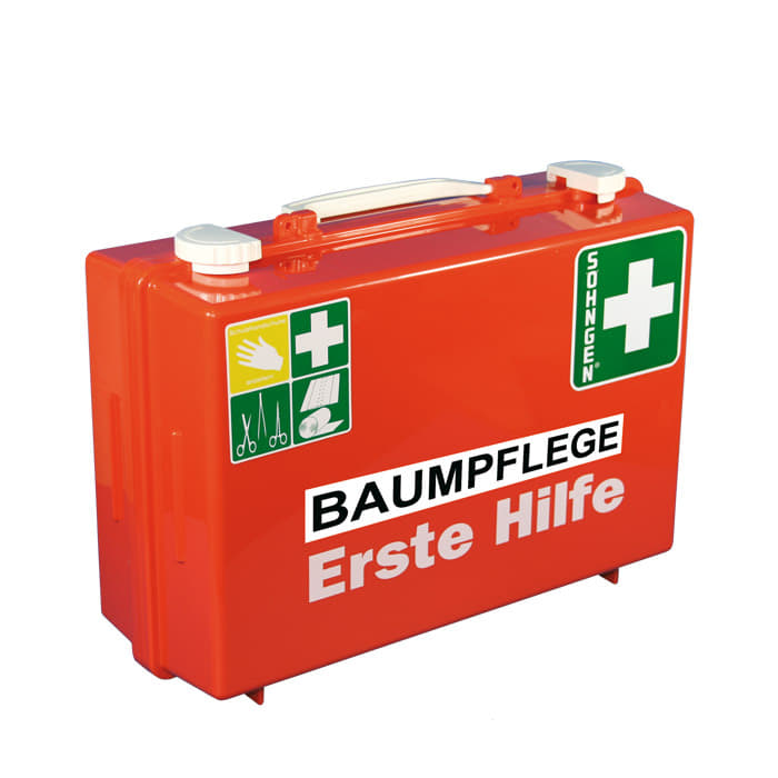Trousse de premiers secours Klein de Söhngen en orange avec fermetures blanches, inscription « TREE CARE First Aid » et symboles verts