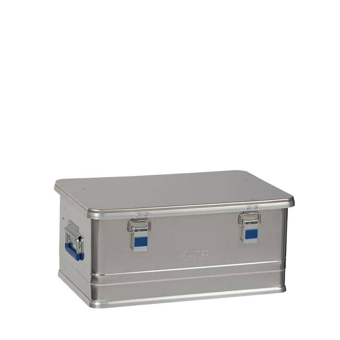 Alubox Comfort 48, boîte fermée en aluminium argenté avec poignées et fermetures bleues
