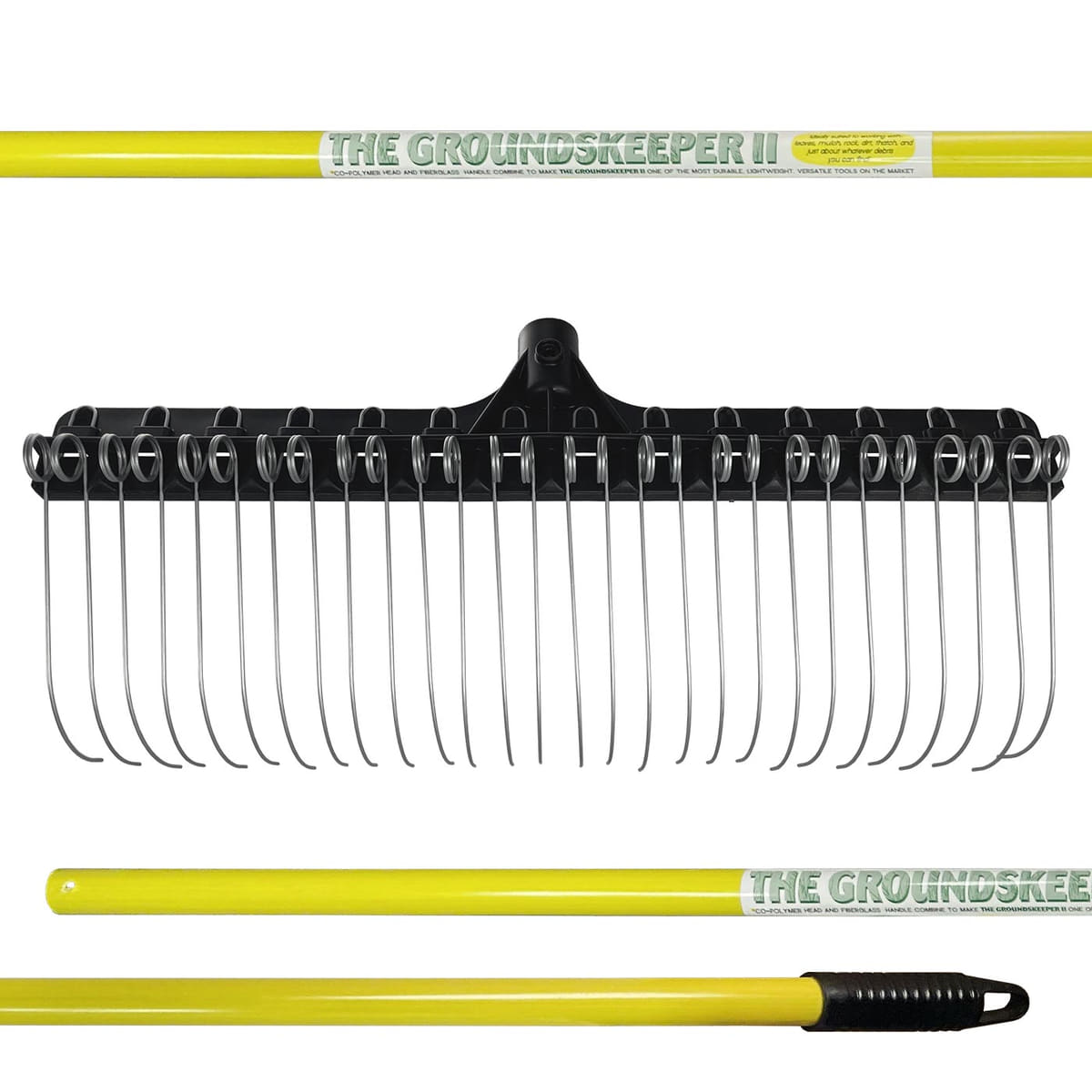 Le Groundskeeper II Râteau Détail de la poignée jaune avec l’inscription The Groundskeeper II et vue des dents noires avec ressorts métalliques