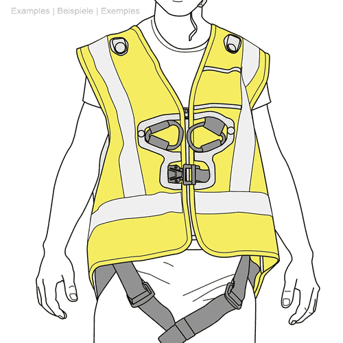 Illustration Newton Vest HI-VIZ d’une personne portant un gilet de sécurité jaune avec des bandes réfléchissantes grises et des supports noirs, en plus les ceintures sont visibles