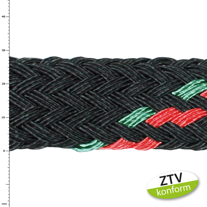 Corde tressée noire ArboLine 4T avec des fils rouges et verts et un autocollant conforme ZTV